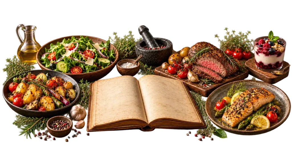 Rustikales Rezeptbild mit offenem Kochbuch, Salat, Ofengemüse, Braten, Fischgericht und Dessert auf dunklem Hintergrund