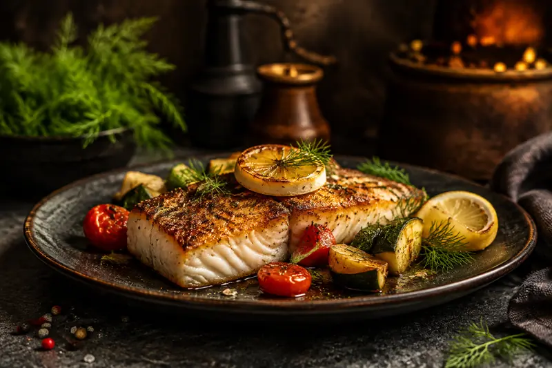 Gebratenes Fischfilet mit Zitrone, Dill und Gemüse