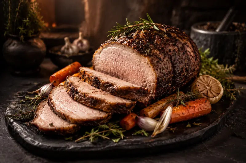 Aufgeschnittener Braten mit Kräutern und Gemüse