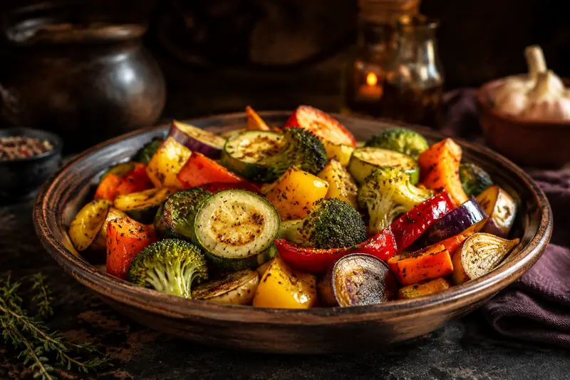 Gebratenes Gemüse mit Zucchini, Paprika, Brokkoli und Möhren