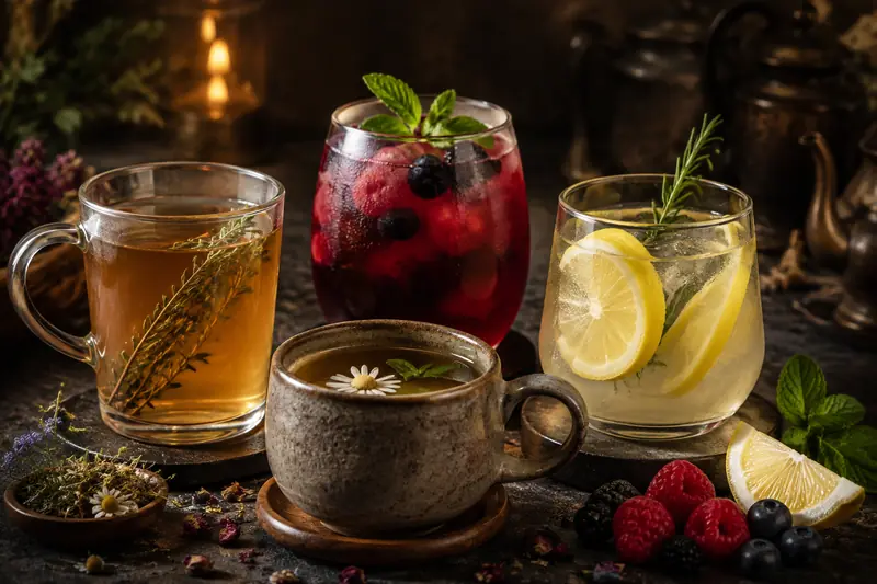 Kräutertee, Beerendrink und Zitronenwasser