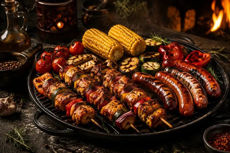 Grillspieße, Würstchen, Mais und Gemüse