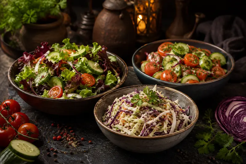 Blattsalat, Tomaten-Gurken-Salat und Krautsalat