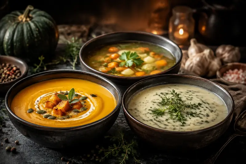 Kürbissuppe, Gemüsesuppe und cremige Kräutersuppe